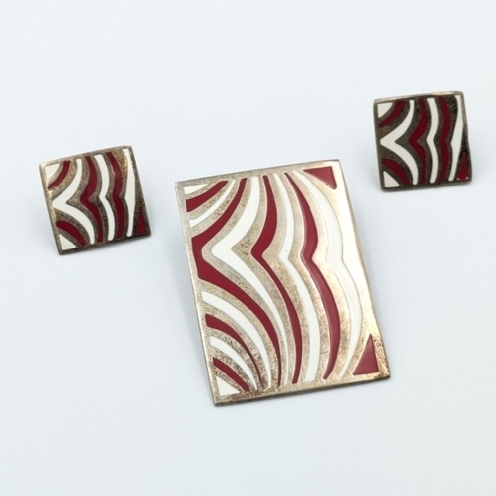 Vintage 925 sterling silver red inlay square earring set